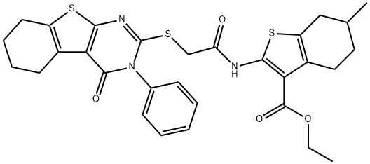 ethyl 6-methyl-2-({[(4-oxo-3-phenyl-3,4,5,6,7,8-hexahydro[1]benzothieno[2,3-d]pyrimidin-2-yl)sulfanyl]acetyl}amino)-4,5,6,7-tetrahydro-1-benzothiophene-3-carboxylate 结构式