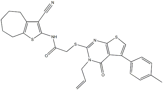 2-{[3-allyl-5-(4-methylphenyl)-4-oxo-3,4-dihydrothieno[2,3-d]pyrimidin-2-yl]sulfanyl}-N-(3-cyano-5,6,7,8-tetrahydro-4H-cyclohepta[b]thien-2-yl)acetamide 结构式