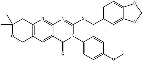 2-[(1,3-benzodioxol-5-ylmethyl)sulfanyl]-3-(4-methoxyphenyl)-8,8-dimethyl-3,6,8,9-tetrahydro-4H-pyrano[3',4':5,6]pyrido[2,3-d]pyrimidin-4-one 结构式