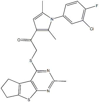 1-[1-(3-chloro-4-fluorophenyl)-2,5-dimethyl-1H-pyrrol-3-yl]-2-[(2-methyl-6,7-dihydro-5H-cyclopenta[4,5]thieno[2,3-d]pyrimidin-4-yl)sulfanyl]ethanone 结构式