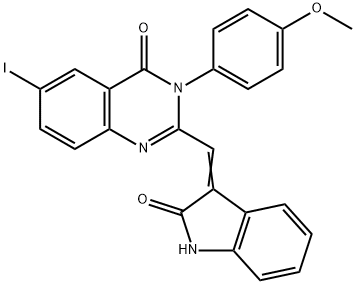 6-iodo-3-(4-methoxyphenyl)-2-[(2-oxo-1,2-dihydro-3H-indol-3-ylidene)methyl]-4(3H)-quinazolinone 结构式