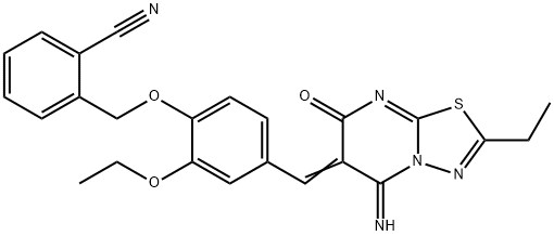 2-({2-ethoxy-4-[(2-ethyl-5-imino-7-oxo-5H-[1,3,4]thiadiazolo[3,2-a]pyrimidin-6(7H)-ylidene)methyl]phenoxy}methyl)benzonitrile 结构式