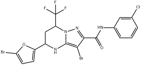 3-bromo-5-(5-bromo-2-furyl)-N-(3-chlorophenyl)-7-(trifluoromethyl)-4,5,6,7-tetrahydropyrazolo[1,5-a]pyrimidine-2-carboxamide 结构式