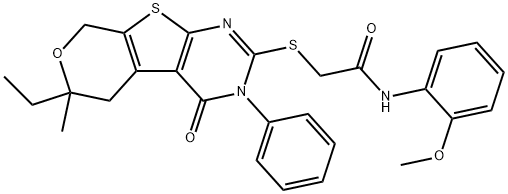 2-[(6-ethyl-6-methyl-4-oxo-3-phenyl-3,5,6,8-tetrahydro-4H-pyrano[4',3':4,5]thieno[2,3-d]pyrimidin-2-yl)sulfanyl]-N-(2-methoxyphenyl)acetamide 结构式