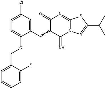 6-{5-chloro-2-[(2-fluorobenzyl)oxy]benzylidene}-5-imino-2-isopropyl-5,6-dihydro-7H-[1,3,4]thiadiazolo[3,2-a]pyrimidin-7-one 结构式