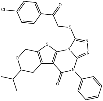 1-{[2-(4-chlorophenyl)-2-oxoethyl]sulfanyl}-7-isopropyl-4-phenyl-6,9-dihydro-7H-pyrano[4',3':4,5]thieno[3,2-e][1,2,4]triazolo[4,3-a]pyrimidin-5(4H)-one 结构式