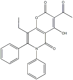3-acetyl-8-ethyl-4-hydroxy-6,7-diphenyl-2H-pyrano[3,2-c]pyridine-2,5(6H)-dione 结构式