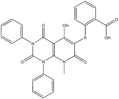 2-[(5-hydroxy-8-methyl-2,4,7-trioxo-1,3-diphenyl-1,2,3,4,7,8-hexahydropyrido[2,3-d]pyrimidin-6-yl)sulfanyl]benzoic acid 结构式