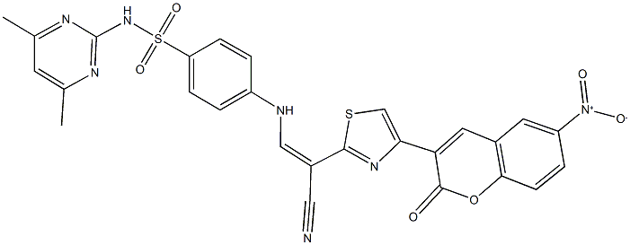 4-{[2-cyano-2-(4-{6-nitro-2-oxo-2H-chromen-3-yl}-1,3-thiazol-2-yl)vinyl]amino}-N-(4,6-dimethyl-2-pyrimidinyl)benzenesulfonamide 结构式