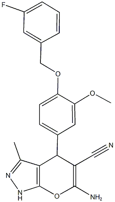 6-amino-4-{4-[(3-fluorobenzyl)oxy]-3-methoxyphenyl}-3-methyl-1,4-dihydropyrano[2,3-c]pyrazole-5-carbonitrile 结构式