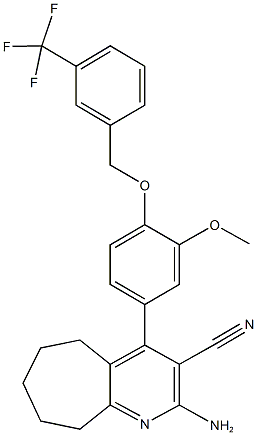 2-amino-4-(3-methoxy-4-{[3-(trifluoromethyl)benzyl]oxy}phenyl)-6,7,8,9-tetrahydro-5H-cyclohepta[b]pyridine-3-carbonitrile 结构式