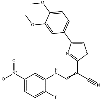 2-[4-(3,4-dimethoxyphenyl)-1,3-thiazol-2-yl]-3-{2-fluoro-5-nitroanilino}acrylonitrile 结构式