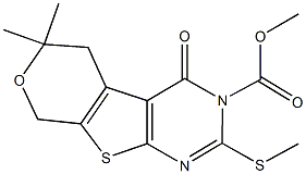 methyl 6,6-dimethyl-2-(methylsulfanyl)-4-oxo-5,8-dihydro-4H-pyrano[4',3':4,5]thieno[2,3-d]pyrimidine-3(6H)-carboxylate 结构式