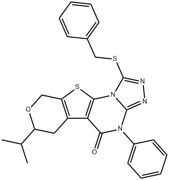 1-(benzylsulfanyl)-7-isopropyl-4-phenyl-6,9-dihydro-7H-pyrano[4',3':4,5]thieno[3,2-e][1,2,4]triazolo[4,3-a]pyrimidin-5(4H)-one 结构式