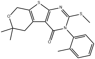 6,6-dimethyl-3-(2-methylphenyl)-2-(methylsulfanyl)-3,5,6,8-tetrahydro-4H-pyrano[4',3':4,5]thieno[2,3-d]pyrimidin-4-one 结构式