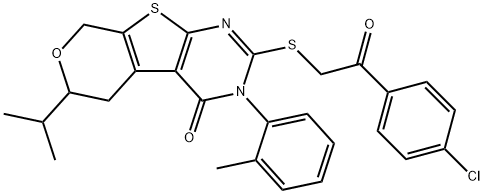 2-{[2-(4-chlorophenyl)-2-oxoethyl]sulfanyl}-6-isopropyl-3-(2-methylphenyl)-3,5,6,8-tetrahydro-4H-pyrano[4',3':4,5]thieno[2,3-d]pyrimidin-4-one 结构式