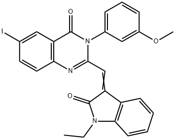 2-[(1-ethyl-2-oxo-1,2-dihydro-3H-indol-3-ylidene)methyl]-6-iodo-3-(3-methoxyphenyl)-4(3H)-quinazolinone 结构式