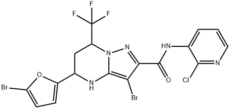 3-bromo-5-(5-bromo-2-furyl)-N-(2-chloro-3-pyridinyl)-7-(trifluoromethyl)-4,5,6,7-tetrahydropyrazolo[1,5-a]pyrimidine-2-carboxamide 结构式