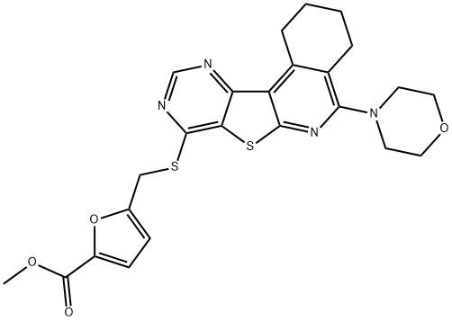 methyl 5-{[(5-morpholin-4-yl-1,2,3,4-tetrahydropyrimido[4',5':4,5]thieno[2,3-c]isoquinolin-8-yl)sulfanyl]methyl}-2-furoate 结构式