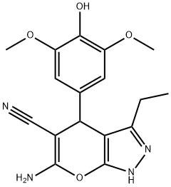 6-amino-3-ethyl-4-(4-hydroxy-3,5-dimethoxyphenyl)-1,4-dihydropyrano[2,3-c]pyrazole-5-carbonitrile 结构式