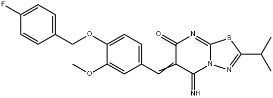 6-{4-[(4-fluorobenzyl)oxy]-3-methoxybenzylidene}-5-imino-2-isopropyl-5,6-dihydro-7H-[1,3,4]thiadiazolo[3,2-a]pyrimidin-7-one 结构式