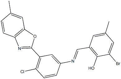 2-bromo-6-({[4-chloro-3-(6-methyl-1,3-benzoxazol-2-yl)phenyl]imino}methyl)-4-methylphenol 结构式