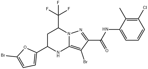 3-bromo-5-(5-bromo-2-furyl)-N-(3-chloro-2-methylphenyl)-7-(trifluoromethyl)-4,5,6,7-tetrahydropyrazolo[1,5-a]pyrimidine-2-carboxamide 结构式