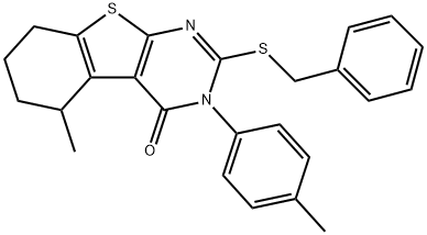 2-(benzylsulfanyl)-5-methyl-3-(4-methylphenyl)-5,6,7,8-tetrahydro[1]benzothieno[2,3-d]pyrimidin-4(3H)-one 结构式