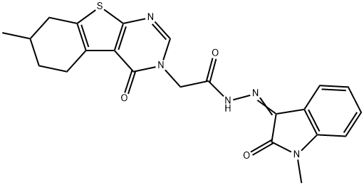 N'-(1-methyl-2-oxo-1,2-dihydro-3H-indol-3-ylidene)-2-(7-methyl-4-oxo-5,6,7,8-tetrahydro[1]benzothieno[2,3-d]pyrimidin-3(4H)-yl)acetohydrazide 结构式