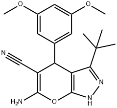 6-amino-3-tert-butyl-4-(3,5-dimethoxyphenyl)-1,4-dihydropyrano[2,3-c]pyrazole-5-carbonitrile 结构式