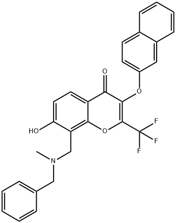 8-{[benzyl(methyl)amino]methyl}-7-hydroxy-3-(2-naphthyloxy)-2-(trifluoromethyl)-4H-chromen-4-one 结构式