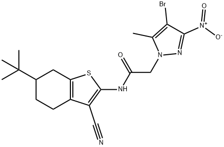 2-{4-bromo-3-nitro-5-methyl-1H-pyrazol-1-yl}-N-(6-tert-butyl-3-cyano-4,5,6,7-tetrahydro-1-benzothien-2-yl)acetamide 结构式