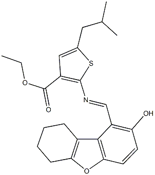 ethyl 2-{[(2-hydroxy-6,7,8,9-tetrahydrodibenzo[b,d]furan-1-yl)methylene]amino}-5-isobutyl-3-thiophenecarboxylate 结构式