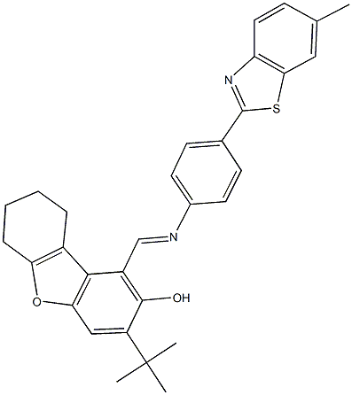 3-tert-butyl-1-({[4-(6-methyl-1,3-benzothiazol-2-yl)phenyl]imino}methyl)-6,7,8,9-tetrahydrodibenzo[b,d]furan-2-ol 结构式