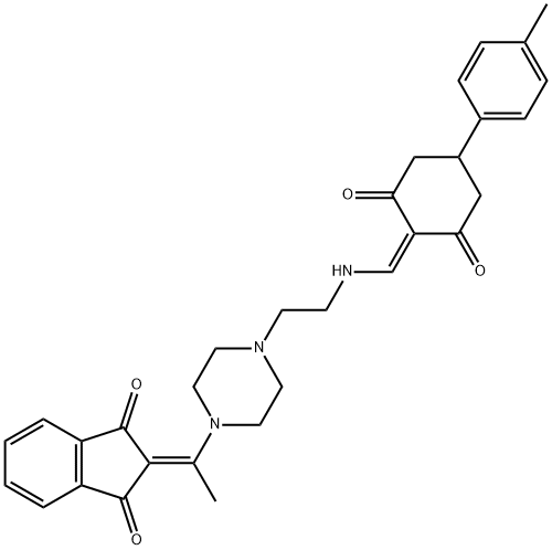 2-(1-{4-[2-({[4-(4-methylphenyl)-2,6-dioxocyclohexylidene]methyl}amino)ethyl]-1-piperazinyl}ethylidene)-1H-indene-1,3(2H)-dione 结构式