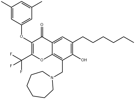 8-(1-azepanylmethyl)-3-(3,5-dimethylphenoxy)-6-hexyl-7-hydroxy-2-(trifluoromethyl)-4H-chromen-4-one 结构式