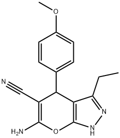 6-amino-3-ethyl-4-(4-methoxyphenyl)-1,4-dihydropyrano[2,3-c]pyrazole-5-carbonitrile 结构式