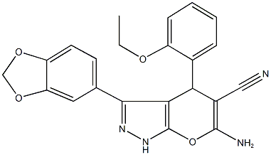 6-amino-3-(1,3-benzodioxol-5-yl)-4-(2-ethoxyphenyl)-1,4-dihydropyrano[2,3-c]pyrazole-5-carbonitrile 结构式