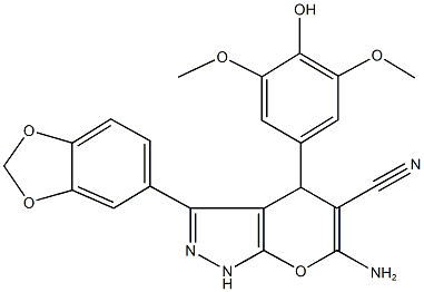 6-amino-3-(1,3-benzodioxol-5-yl)-4-(4-hydroxy-3,5-dimethoxyphenyl)-1,4-dihydropyrano[2,3-c]pyrazole-5-carbonitrile 结构式