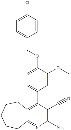 2-amino-4-{4-[(4-chlorobenzyl)oxy]-3-methoxyphenyl}-6,7,8,9-tetrahydro-5H-cyclohepta[b]pyridine-3-carbonitrile 结构式