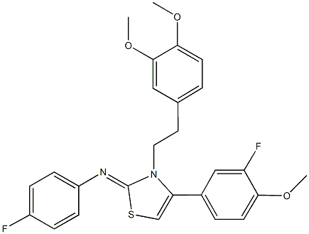 N-(3-[2-(3,4-dimethoxyphenyl)ethyl]-4-(3-fluoro-4-methoxyphenyl)-1,3-thiazol-2(3H)-ylidene)-N-(4-fluorophenyl)amine 结构式