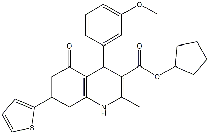 cyclopentyl 4-(3-methoxyphenyl)-2-methyl-5-oxo-7-(2-thienyl)-1,4,5,6,7,8-hexahydro-3-quinolinecarboxylate 结构式