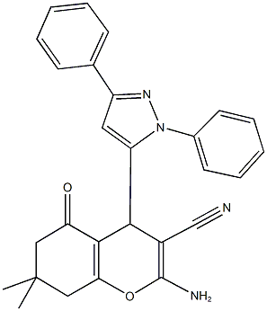 2-amino-4-(1,3-diphenyl-1H-pyrazol-5-yl)-7,7-dimethyl-5-oxo-5,6,7,8-tetrahydro-4H-chromene-3-carbonitrile 结构式