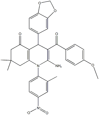 2-amino-4-(1,3-benzodioxol-5-yl)-1-{4-nitro-2-methylphenyl}-3-(4-methoxybenzoyl)-7,7-dimethyl-4,6,7,8-tetrahydroquinolin-5(1H)-one 结构式