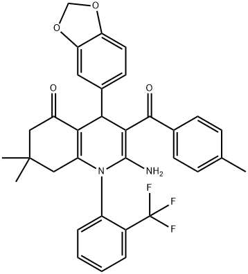 2-amino-4-(1,3-benzodioxol-5-yl)-7,7-dimethyl-3-(4-methylbenzoyl)-1-[2-(trifluoromethyl)phenyl]-4,6,7,8-tetrahydro-5(1H)-quinolinone 结构式