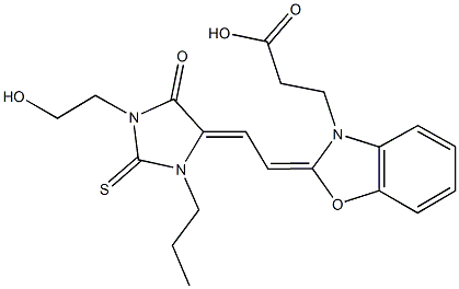 3-(2-{2-[1-(2-hydroxyethyl)-5-oxo-3-propyl-2-thioxo-4-imidazolidinylidene]ethylidene}-1,3-benzoxazol-3(2H)-yl)propanoic acid 结构式