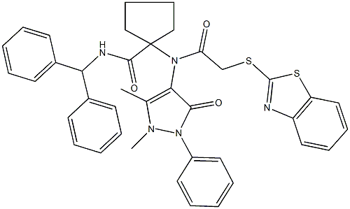 N-benzhydryl-1-[[(1,3-benzothiazol-2-ylsulfanyl)acetyl](1,5-dimethyl-3-oxo-2-phenyl-2,3-dihydro-1H-pyrazol-4-yl)amino]cyclopentanecarboxamide 结构式