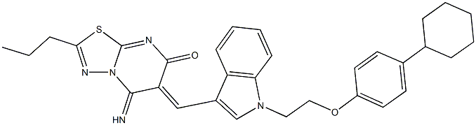 6-({1-[2-(4-cyclohexylphenoxy)ethyl]-1H-indol-3-yl}methylene)-5-imino-2-propyl-5,6-dihydro-7H-[1,3,4]thiadiazolo[3,2-a]pyrimidin-7-one 结构式
