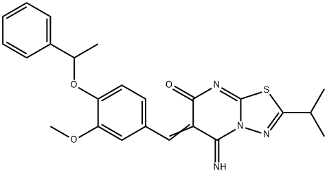 5-imino-2-isopropyl-6-[3-methoxy-4-(1-phenylethoxy)benzylidene]-5,6-dihydro-7H-[1,3,4]thiadiazolo[3,2-a]pyrimidin-7-one 结构式