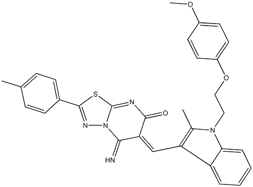 5-imino-6-({1-[2-(4-methoxyphenoxy)ethyl]-2-methyl-1H-indol-3-yl}methylene)-2-(4-methylphenyl)-5,6-dihydro-7H-[1,3,4]thiadiazolo[3,2-a]pyrimidin-7-one 结构式